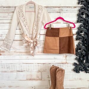 Cream Crochet Cardigan and Brown Patchwork Skirt Set